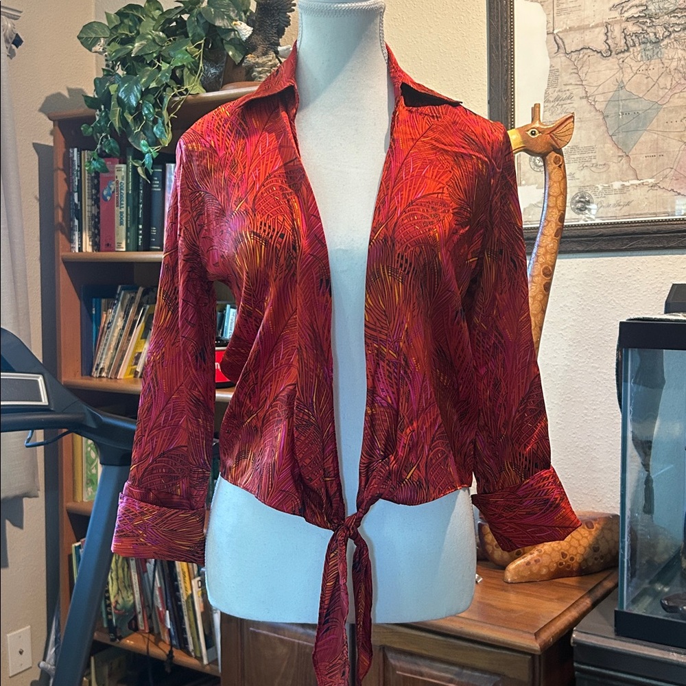 Cache Silk Satin Feather Pattern Tie Front Long Sleeve Blouse 80’s 90’s